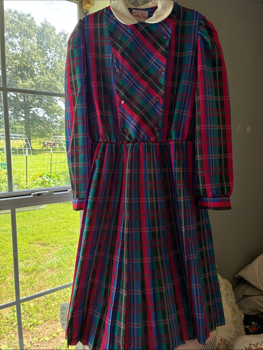 Vintage Cathy Sue Red & Green Plaid Dress with Peter Pan Collar